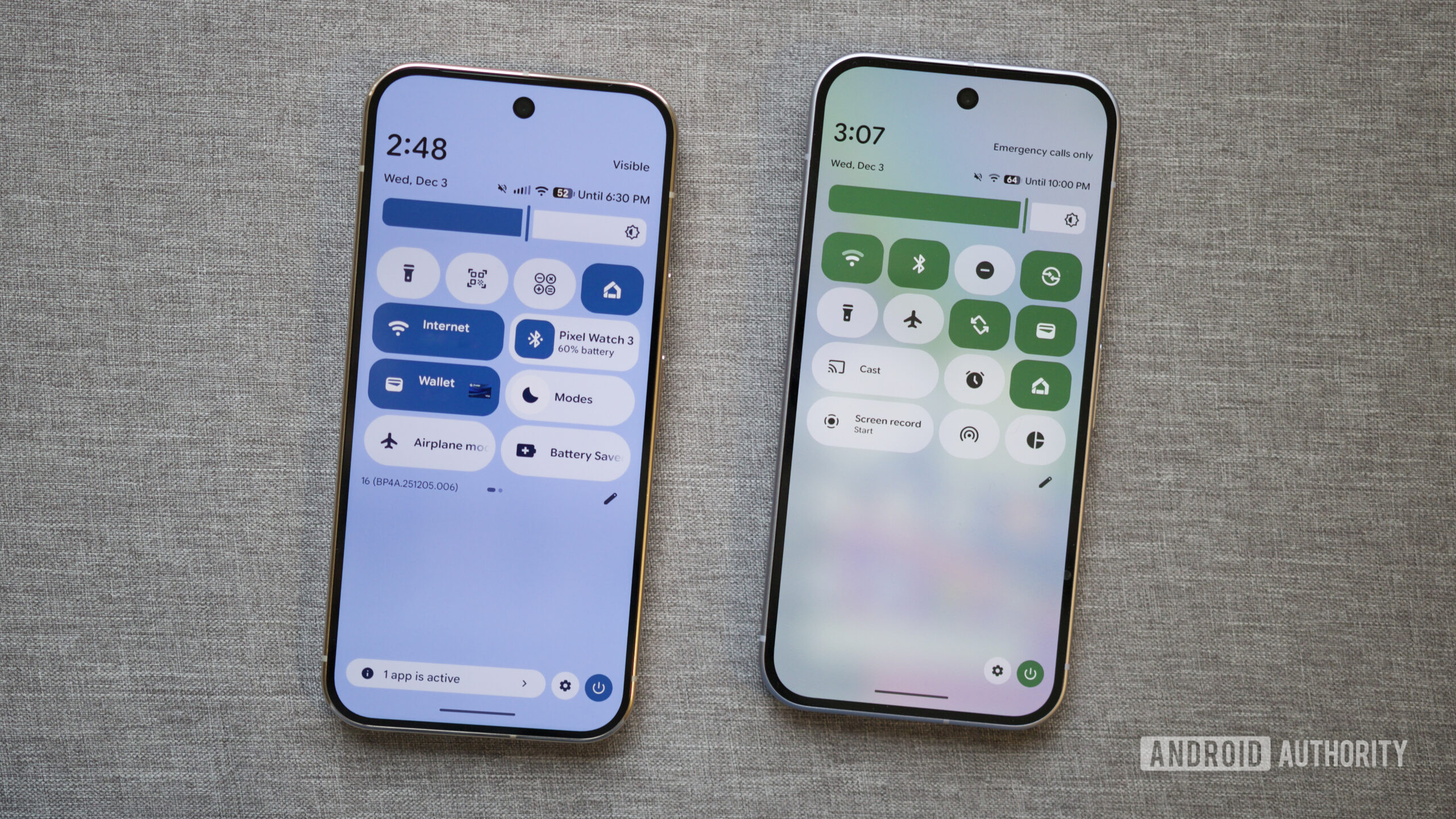 android 16 qpr2 desfoque de fundo herói desativado 1 Dois pixels rodando Android 16, um com efeitos de desfoque de fundo e outro sem.