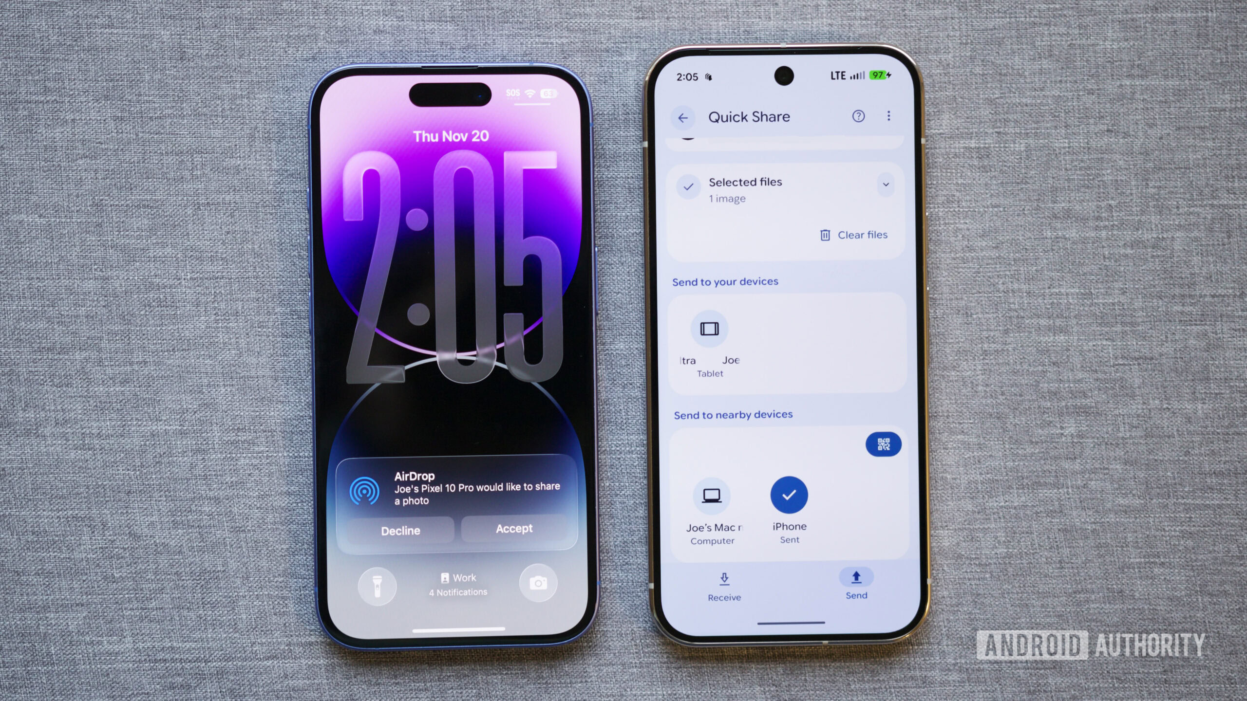 Um Pixel 10 Pro enviando um arquivo para um iPhone pelo Quick Share.