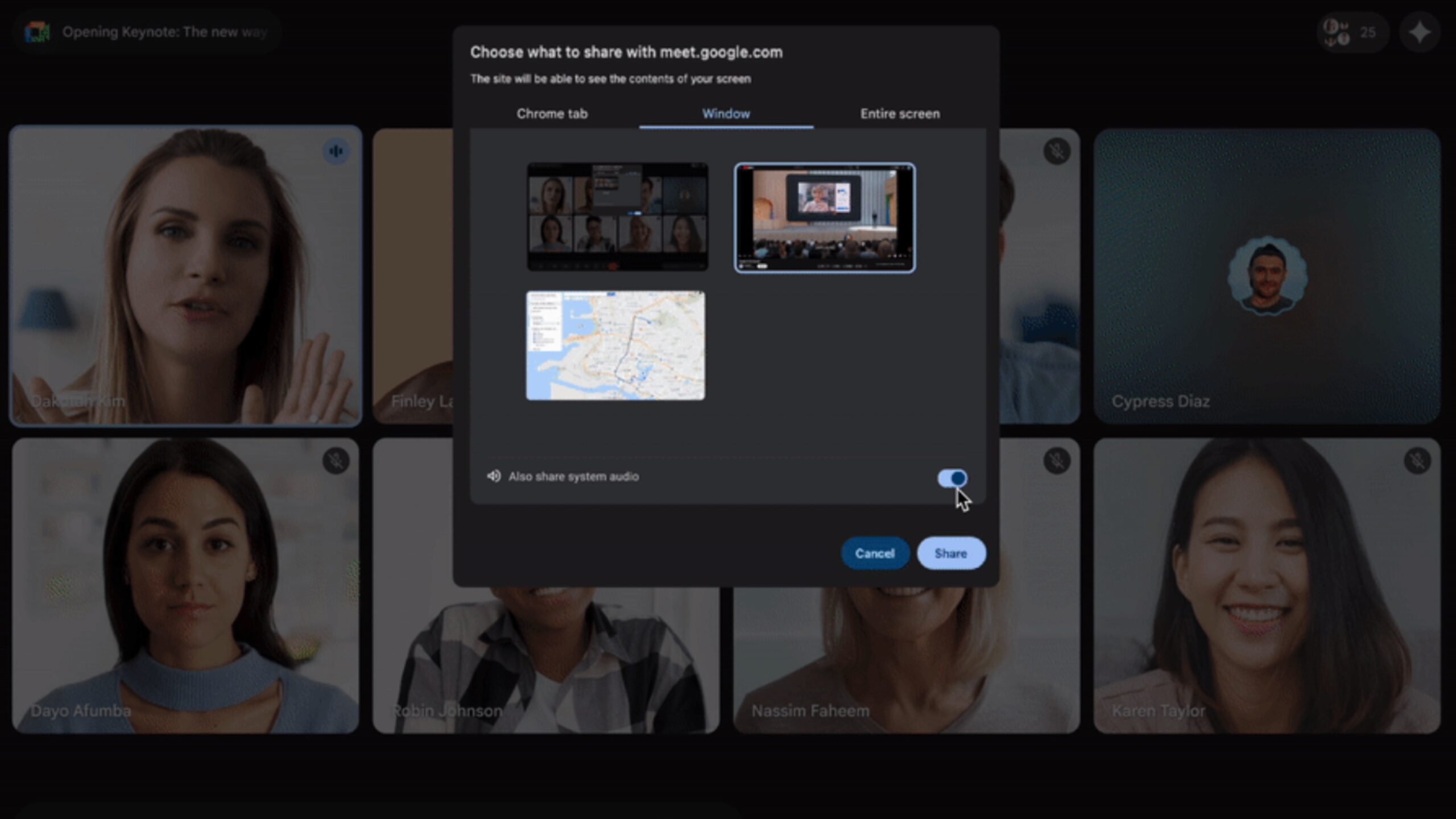 Google Meet Compartilhar áudio 1 A configuração de compartilhamento de áudio do Google Meet.