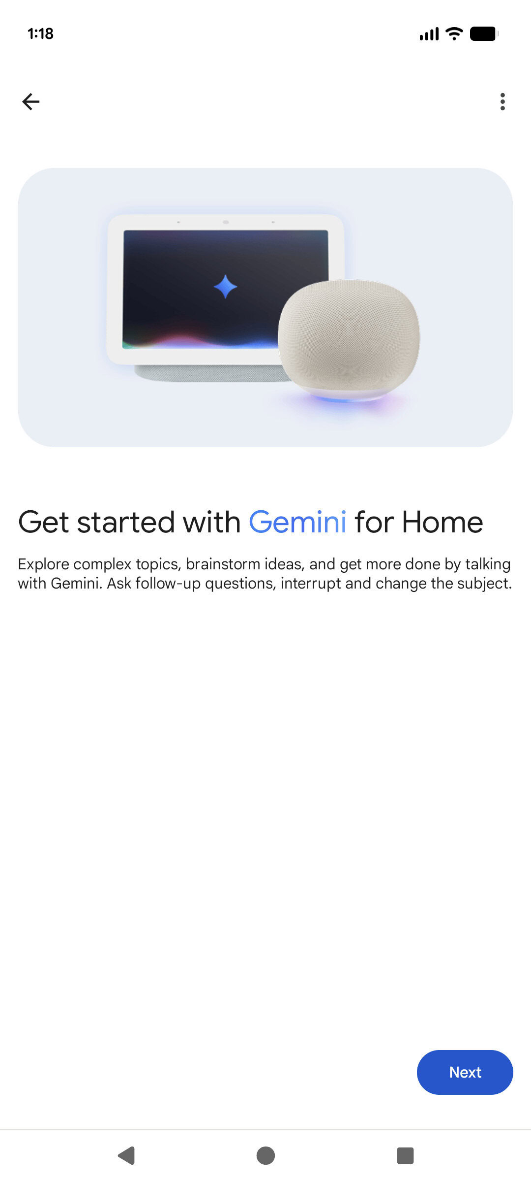 Uma captura de tela da tela de boas-vindas do Gemini for Home. 