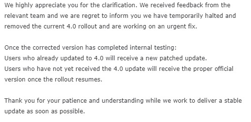 Nada de atualização do OS 4 0 pausada Nada de atualização do OS 4 0 pausada