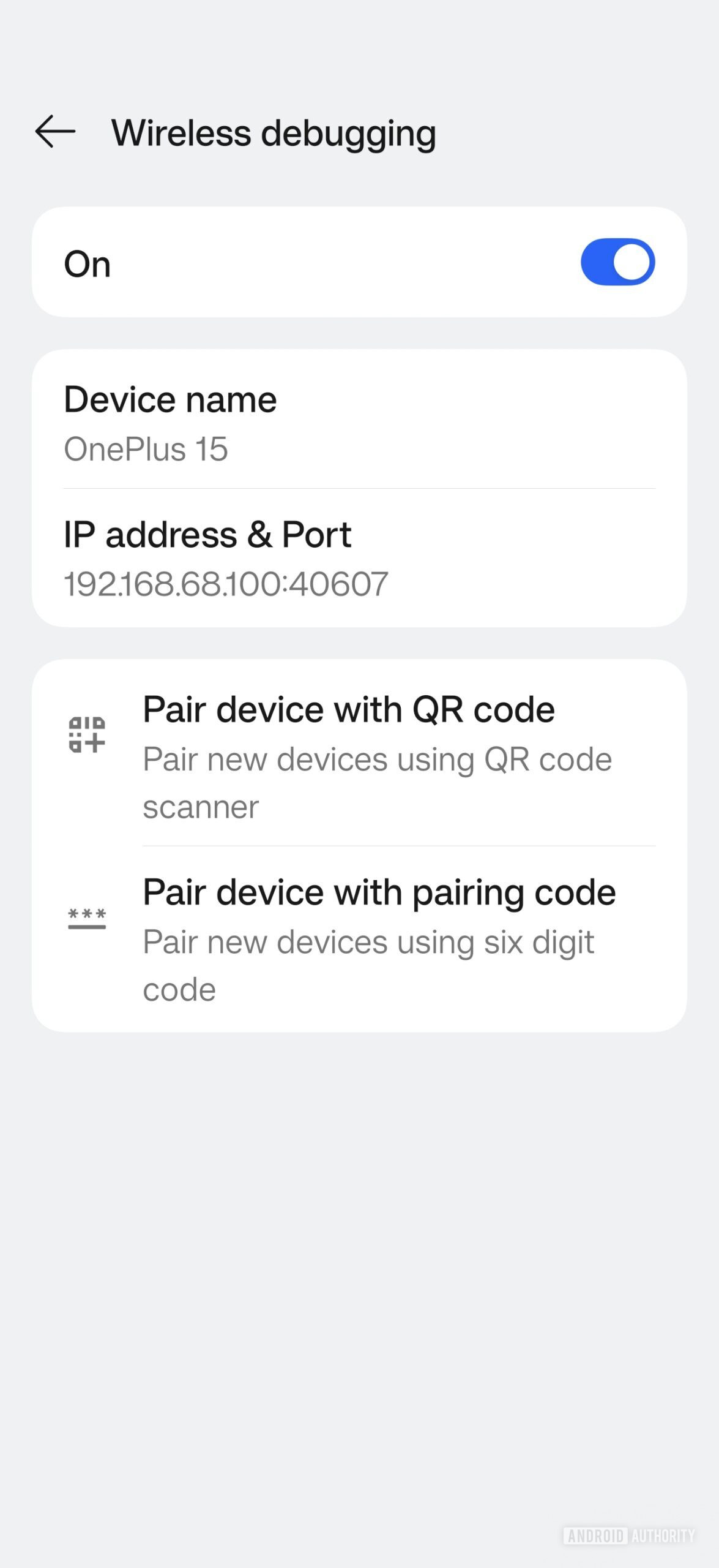 Menu de depuração sem fio nas opções do desenvolvedor Android