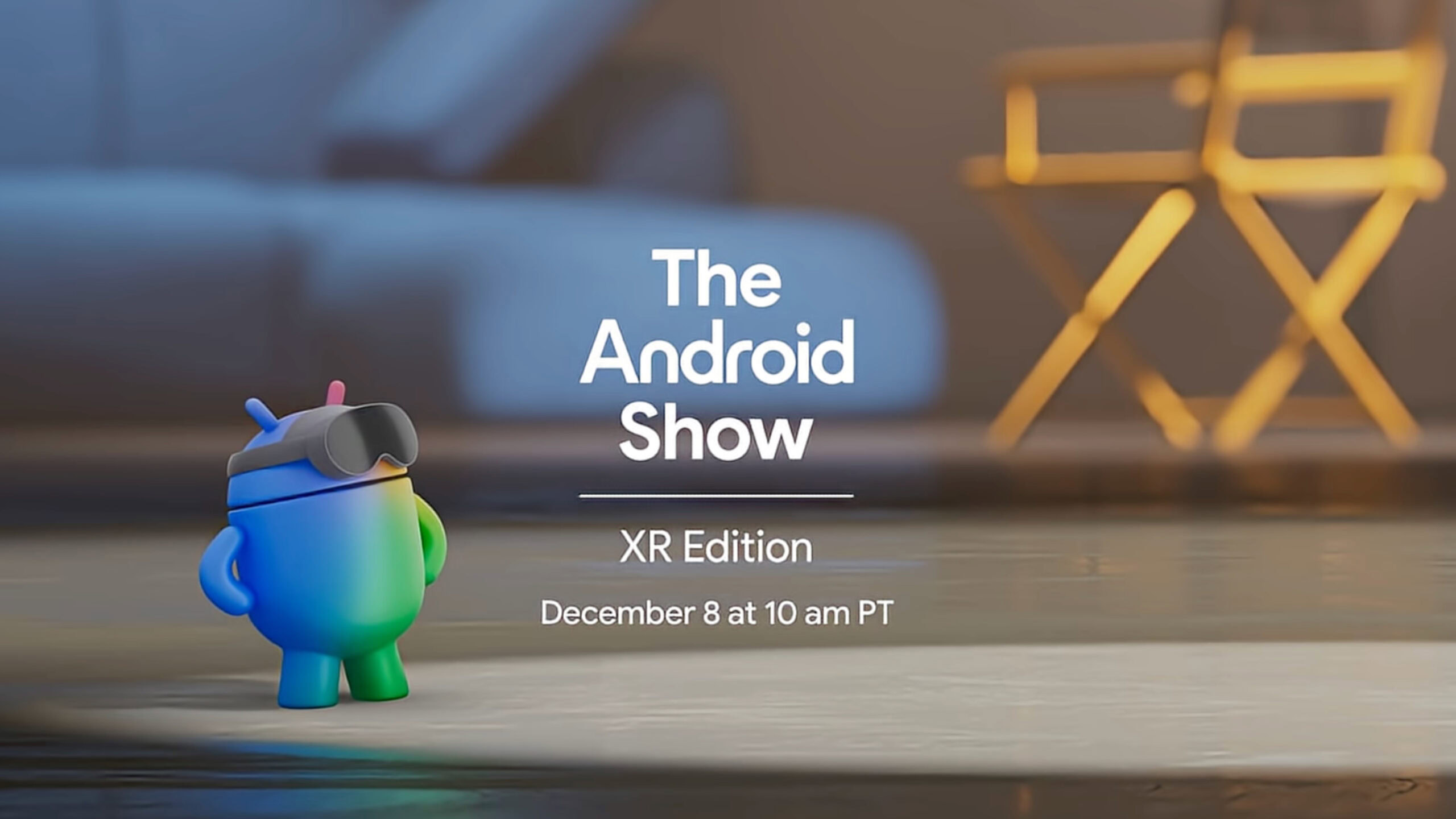 Teaser do programa Android XR Android Um teaser do Android Show: XR Edition mostrando um Android Bot usando um fone de ouvido.