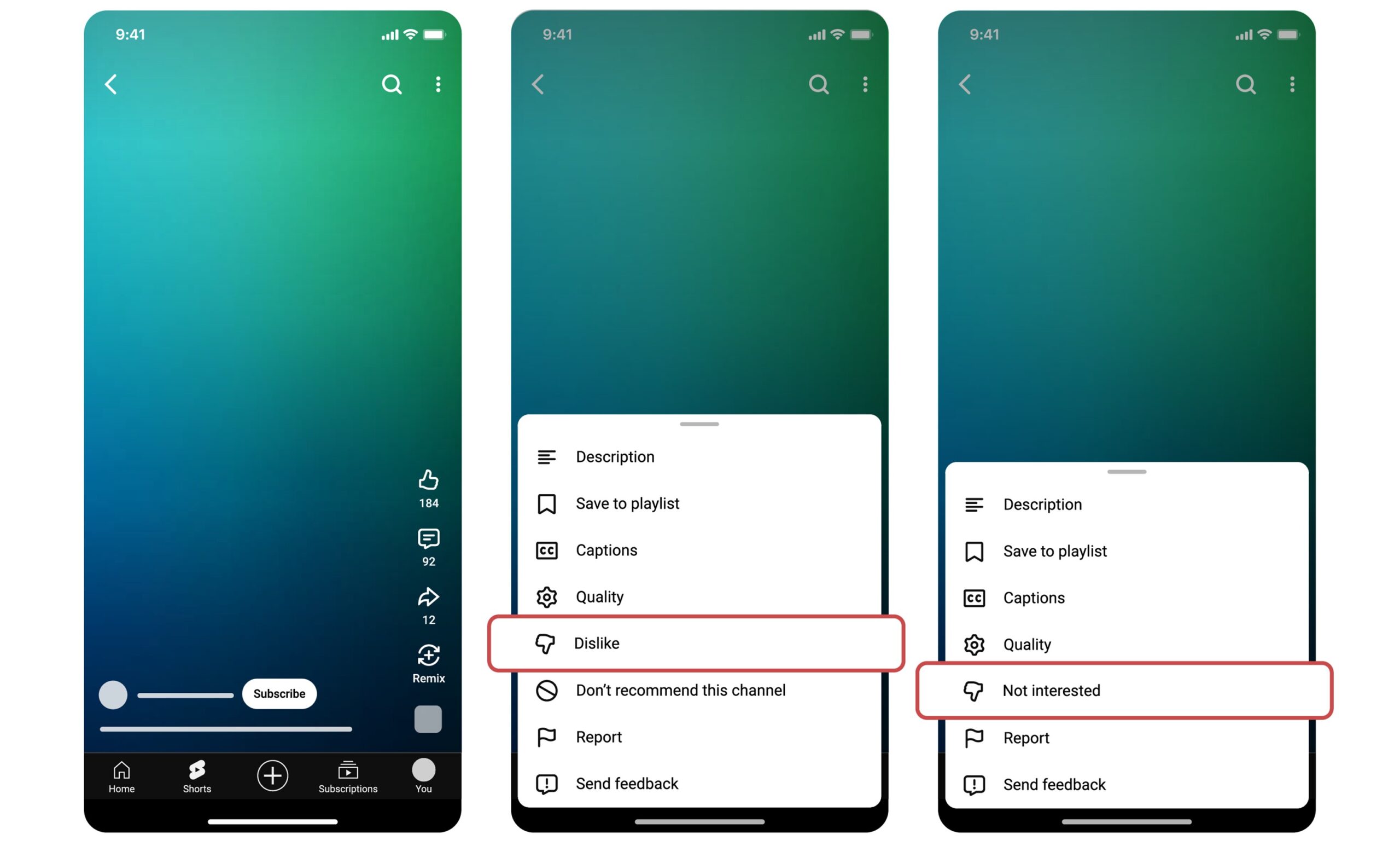 Mesclagem de botões de não gosto e desinteresse do YouTube Shorts