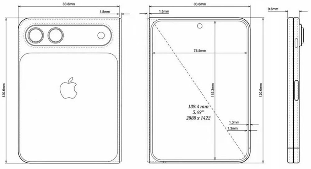 Esquemas vazados do iPhone Fold para dimensões 1