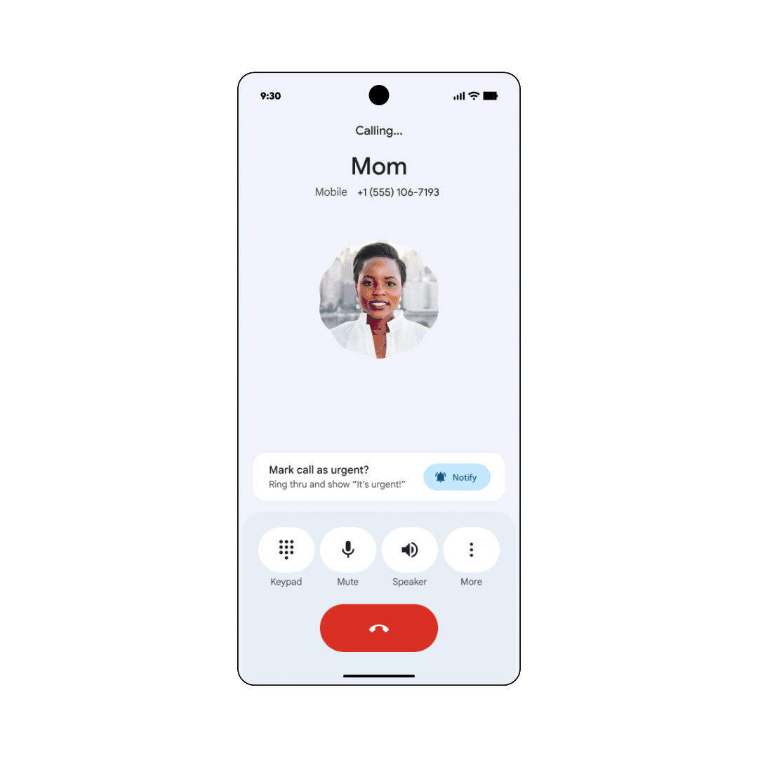 Phone by Google Call Reason mostrando uma etiqueta urgente para uma chamada recebida
