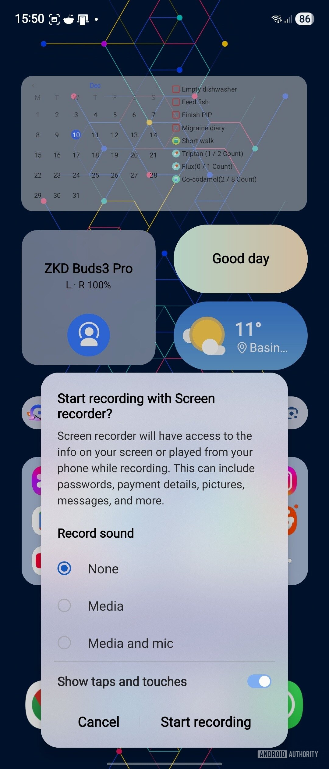 Menu de gravação de tela One UI 8
