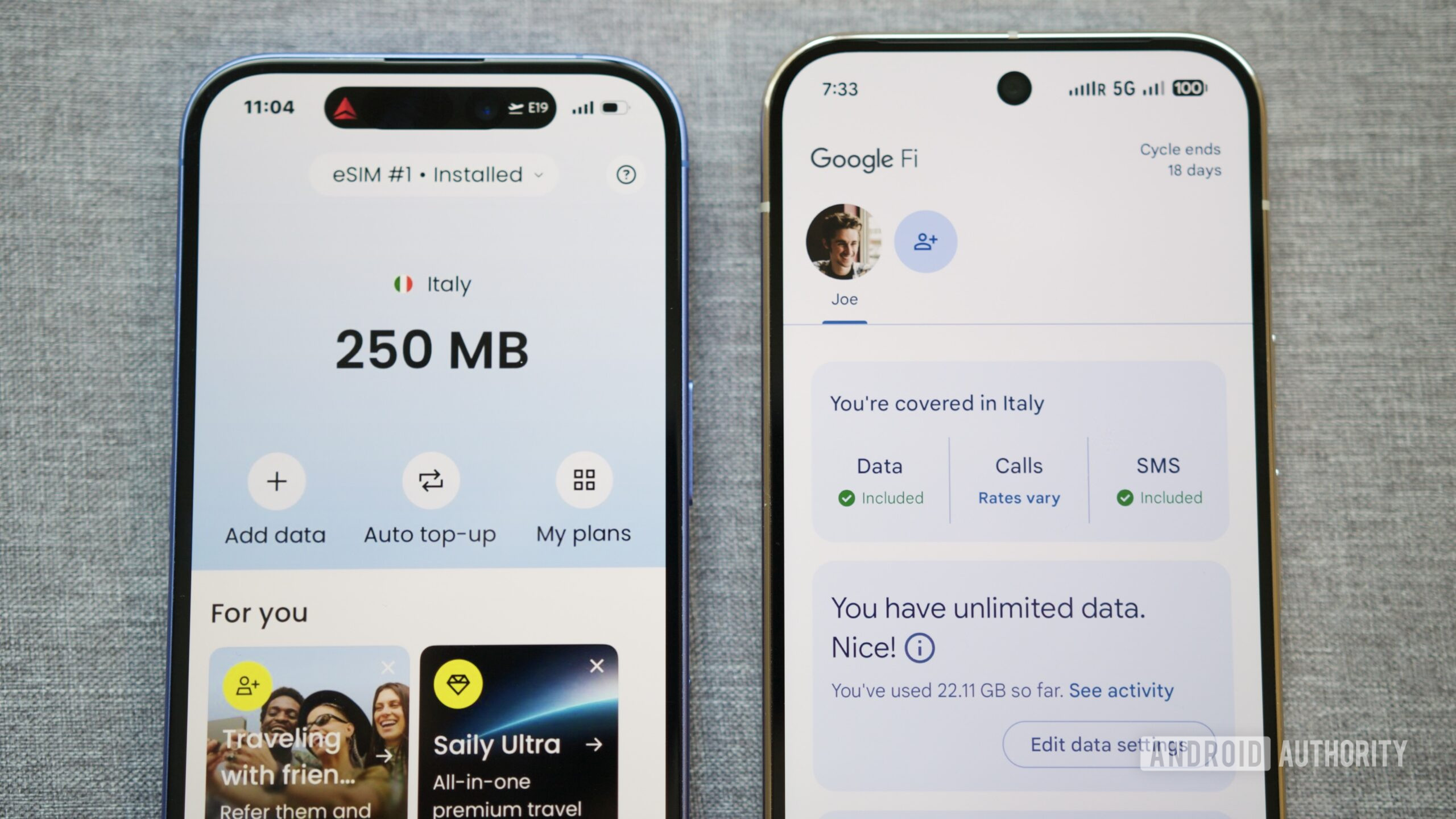 herói de comparação internacional do esim do google fi 2 Dois telefones próximos um do outro, um mostrando o aplicativo Google Fi e outro mostrando o aplicativo Saily eSIM.