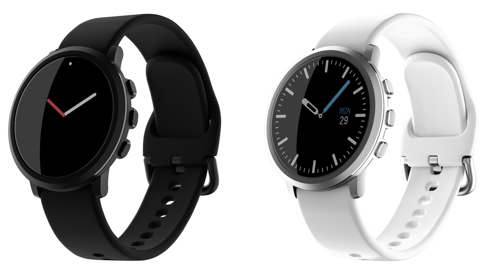 Renderizações do Pebble Round 2 nas cores preto e prata.