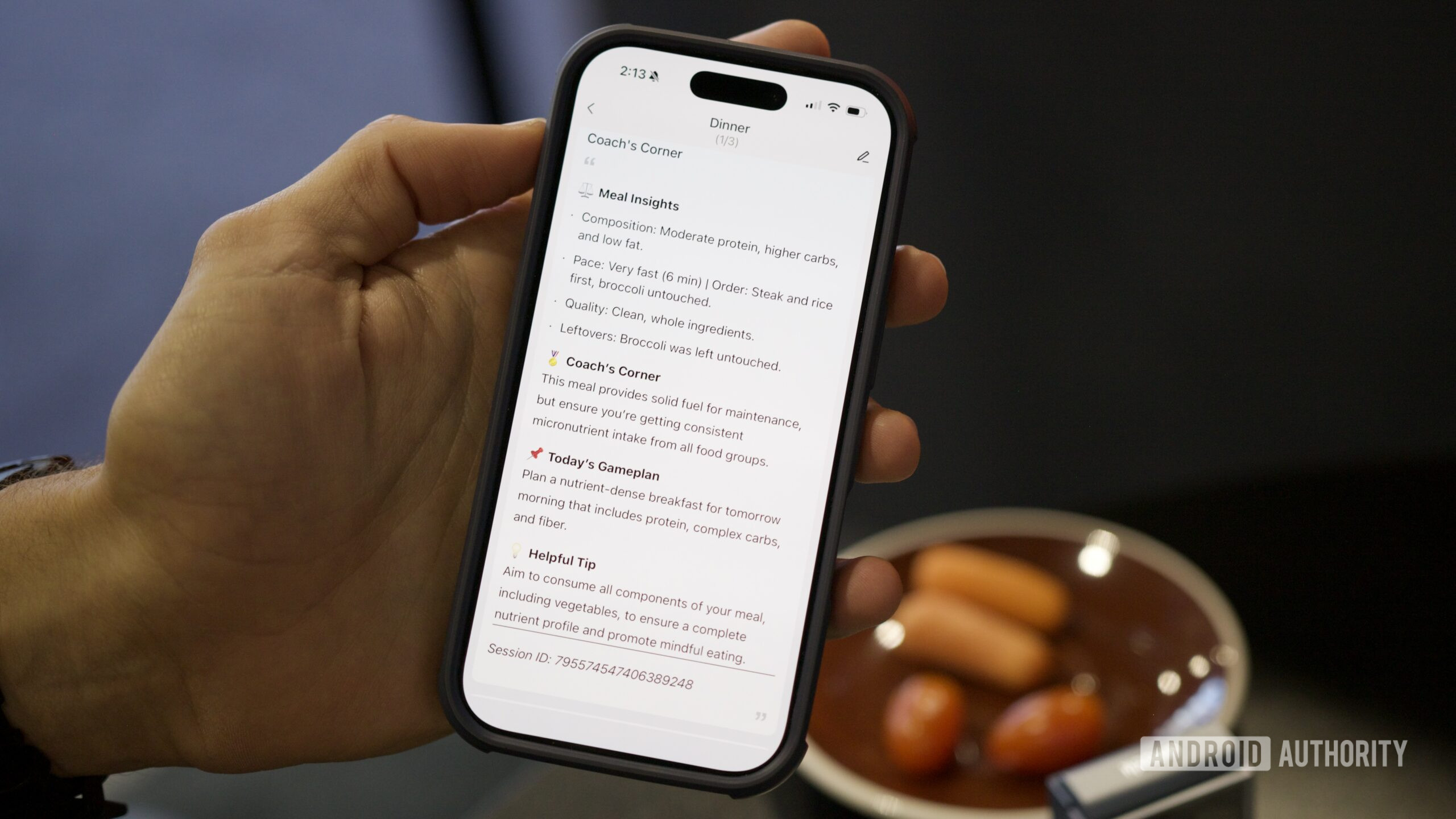 Aplicativo Amazfit mostrando informações de rastreamento de alimentos da câmera V1TAL.