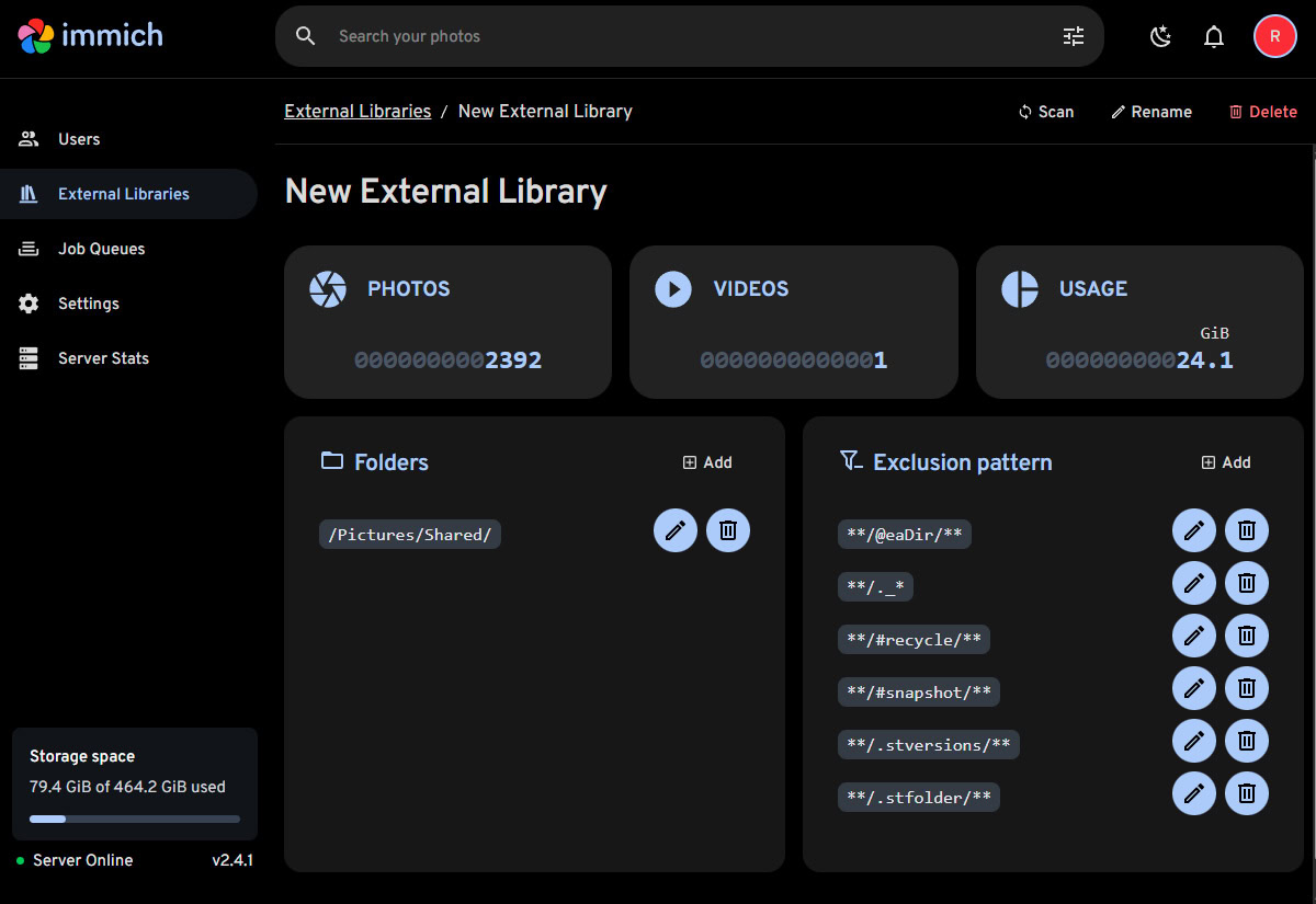 Estatísticas da Biblioteca Immich