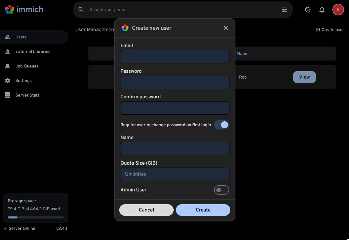 Immich Adicionar usuário