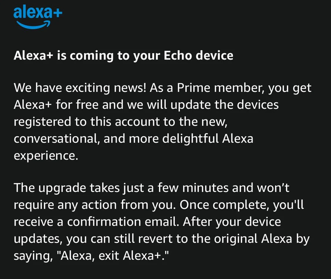 Mensagem de atualização do Alexa Plus Mensagem de atualização do Alexa Plus