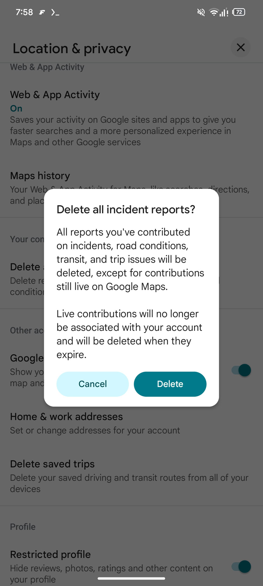 Google Maps Excluir relatórios contribuídos (2)