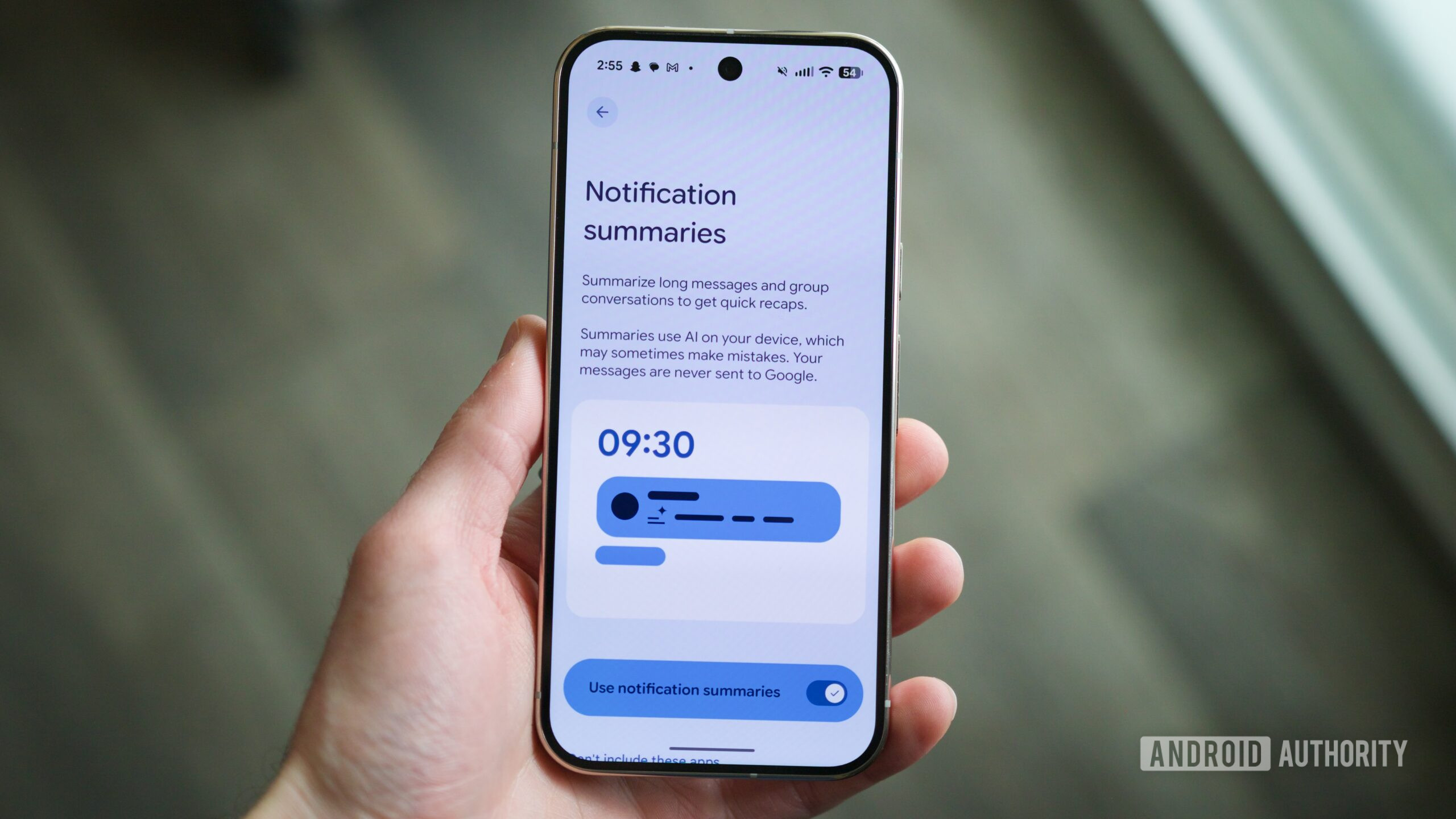 Página de configurações para resumos de notificação de IA em um smartphone Pixel.