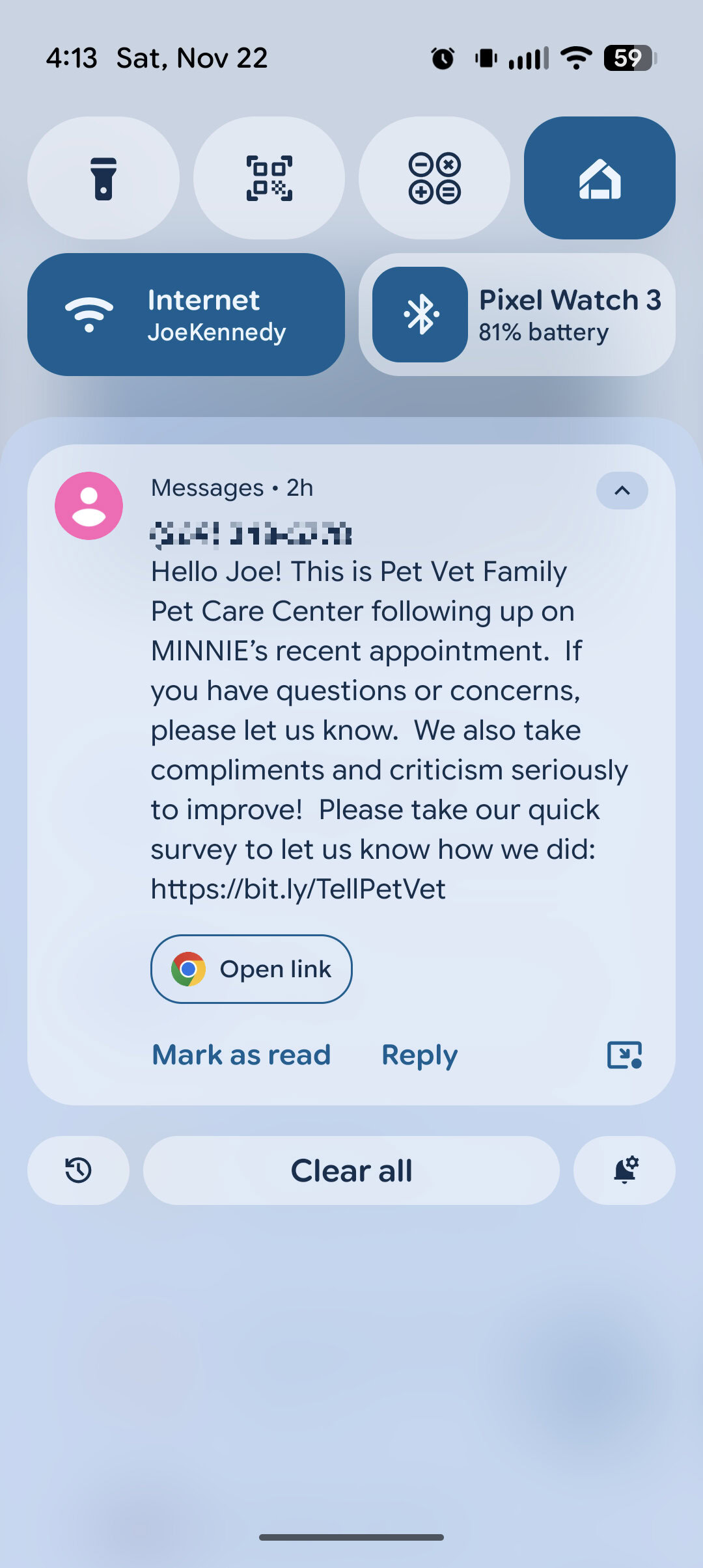 Captura de tela de uma mensagem de texto longa em um smartphone Pixel.