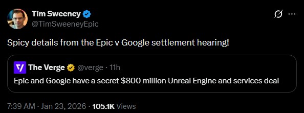 Tim Sweeney X postou Epic vs Google