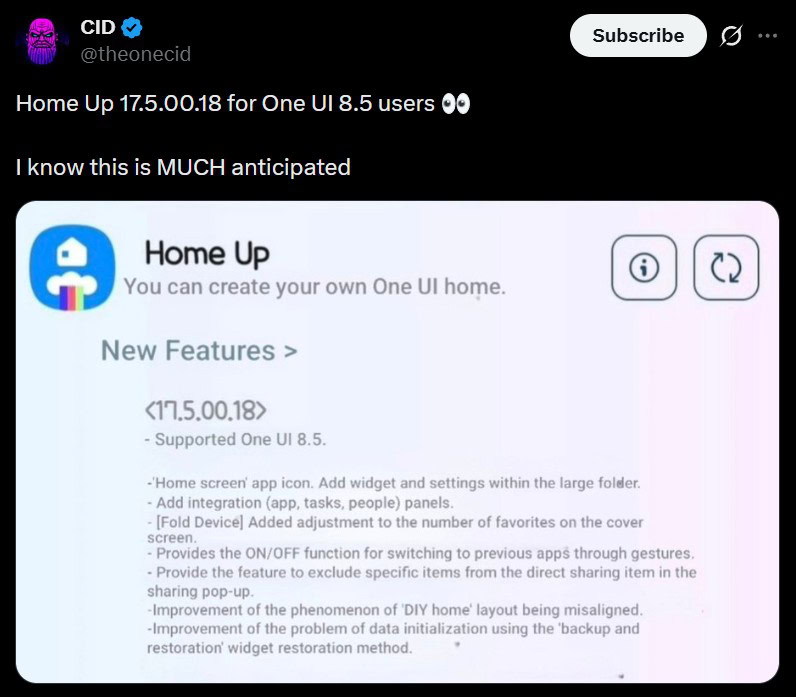 theonecid publica atualização do Home Up Postagem de @theonecid no X sobre a nova atualização do Home Up