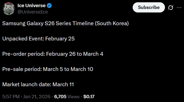 Cronograma de lançamento do Ice Universe na série Galaxy S26