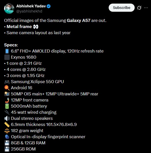 Especificações vazadas do Galaxy A57 conforme postado no X