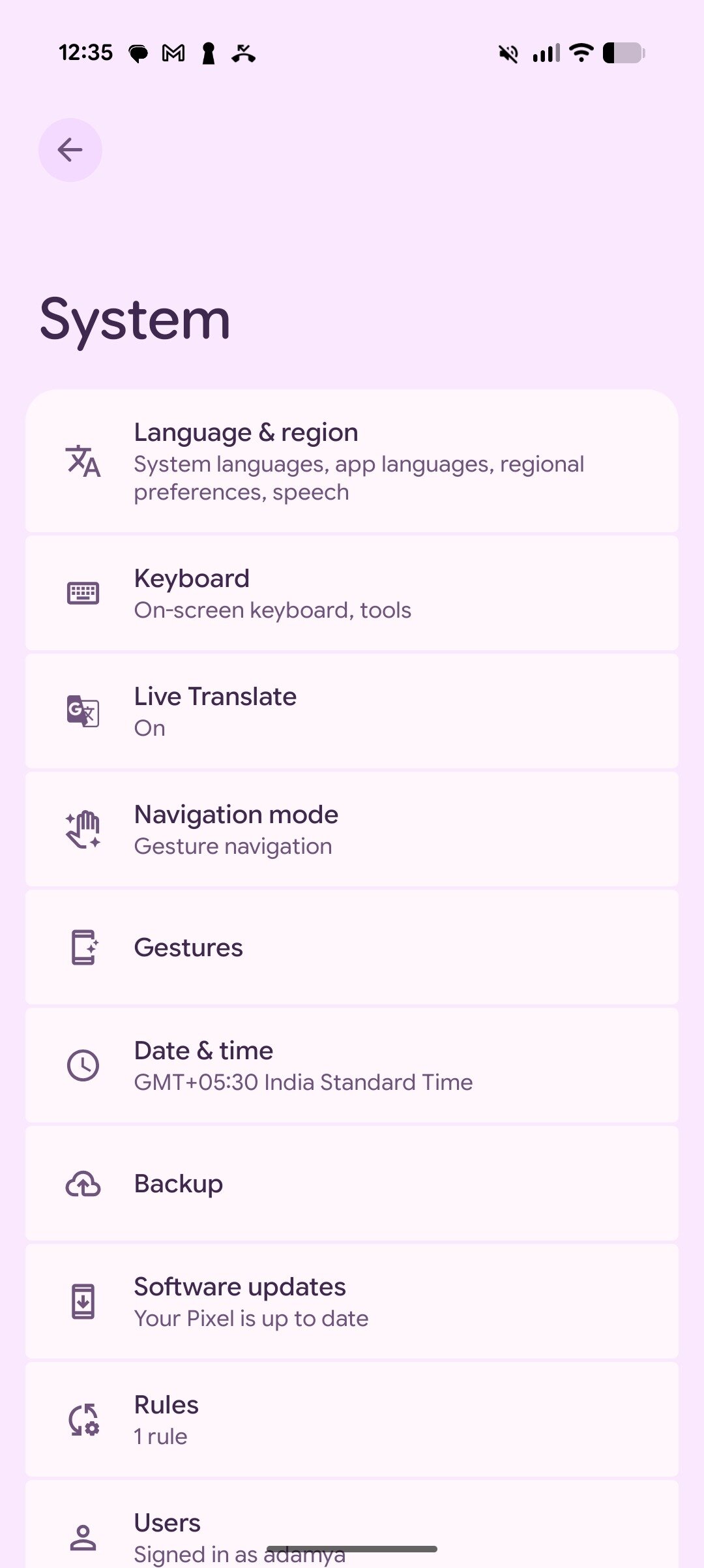 Menu de configurações do Android 16 QPR2