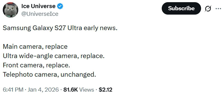Leaker Ice Universe nas especificações da câmera Galaxy S27 Ultra Leaker Ice Universe nas especificações da câmera Galaxy S27 Ultra