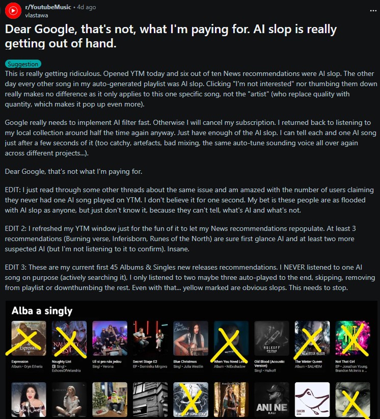 Reclamação de desleixo do Reddit YT Music AI Um usuário do YouTube Music reclama no Reddit sobre a invasão de IA em suas recomendações