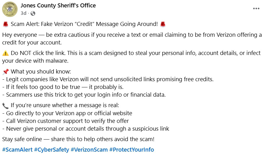 Gabinete do Xerife do Condado de Jones da Geórgia alertando sobre fraude de crédito da Verizon