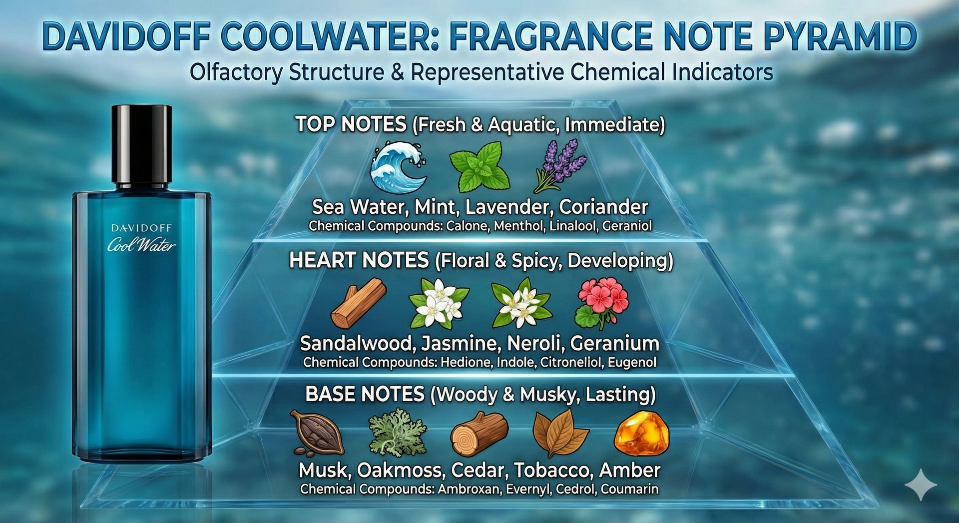 Infográfico da pirâmide Davidoff Coolwater Note gerado por Gemini