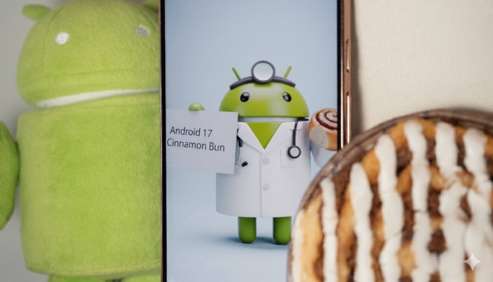 Android Bot vestido de médico segurando um cartão que diz pão de canela Android 17