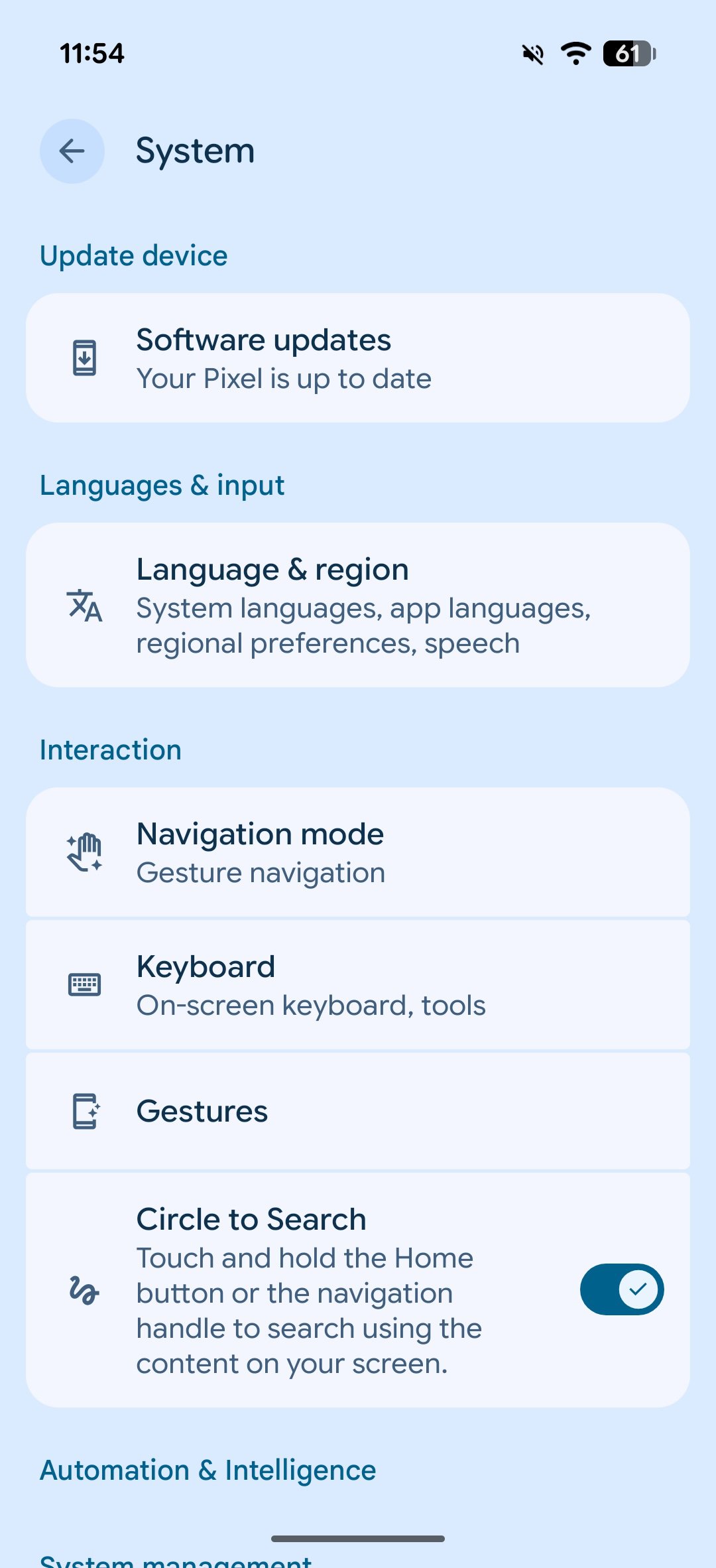 Página de configurações do sistema no Android 16 QPR3.