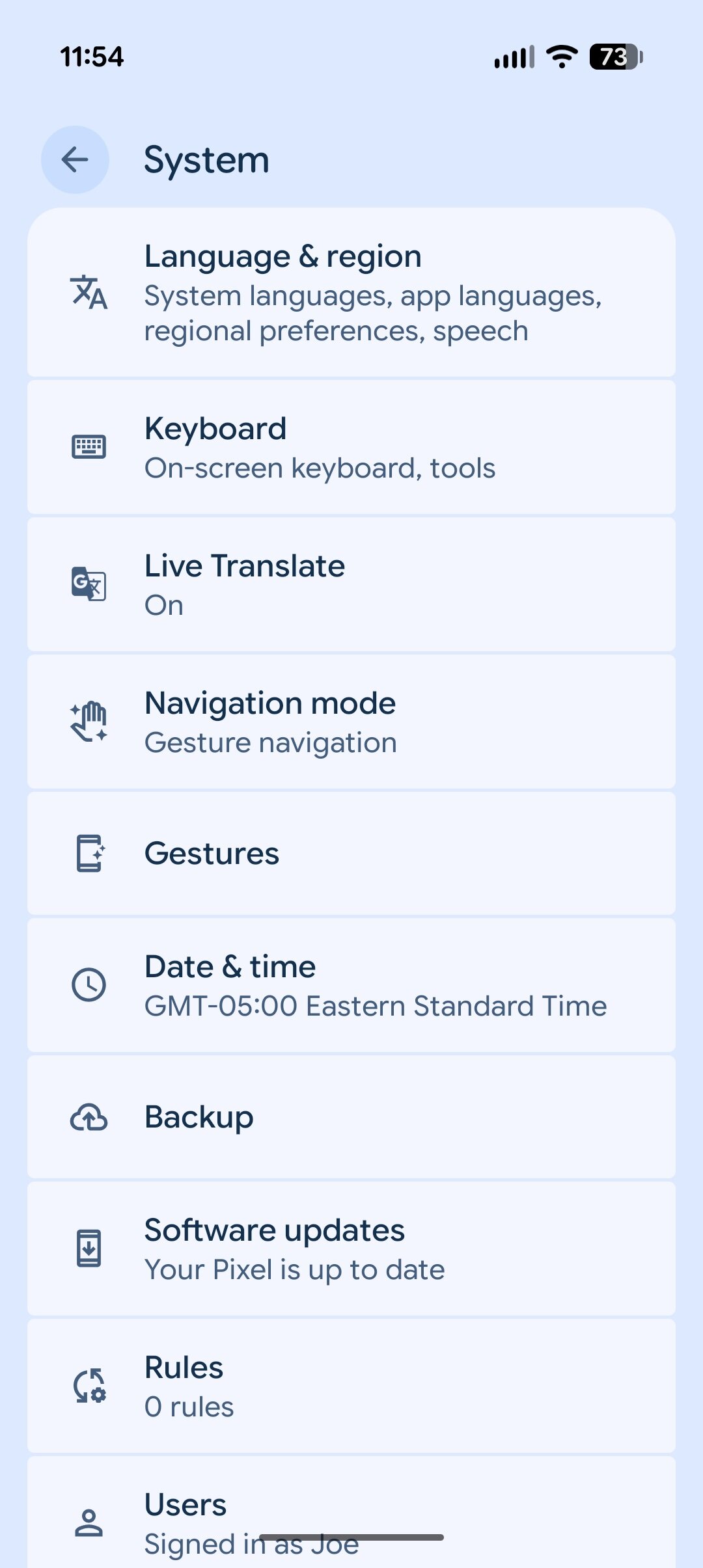 Página de configurações do sistema no Android 16 QPR2.