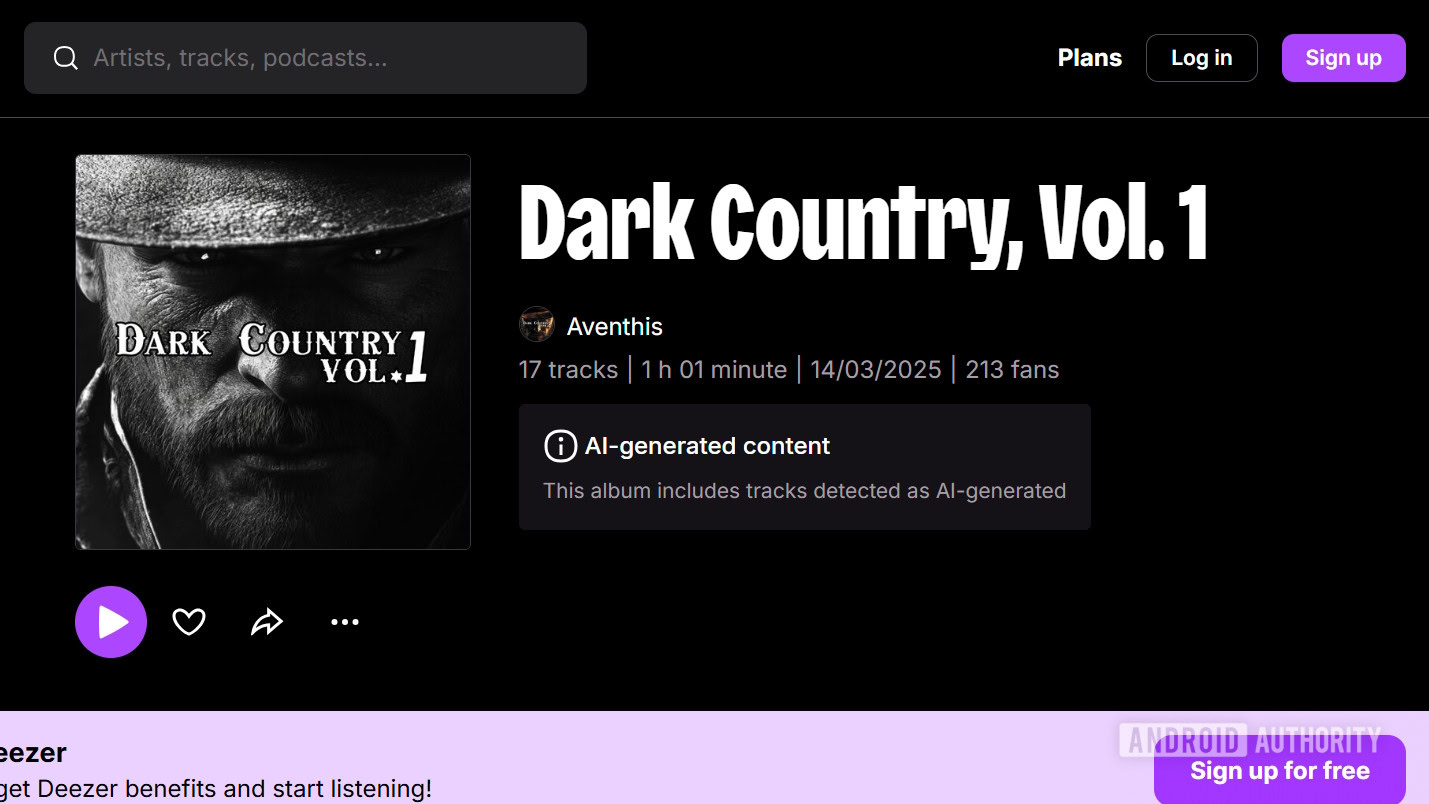 um álbum sinalizado como conteúdo AI na Deezer