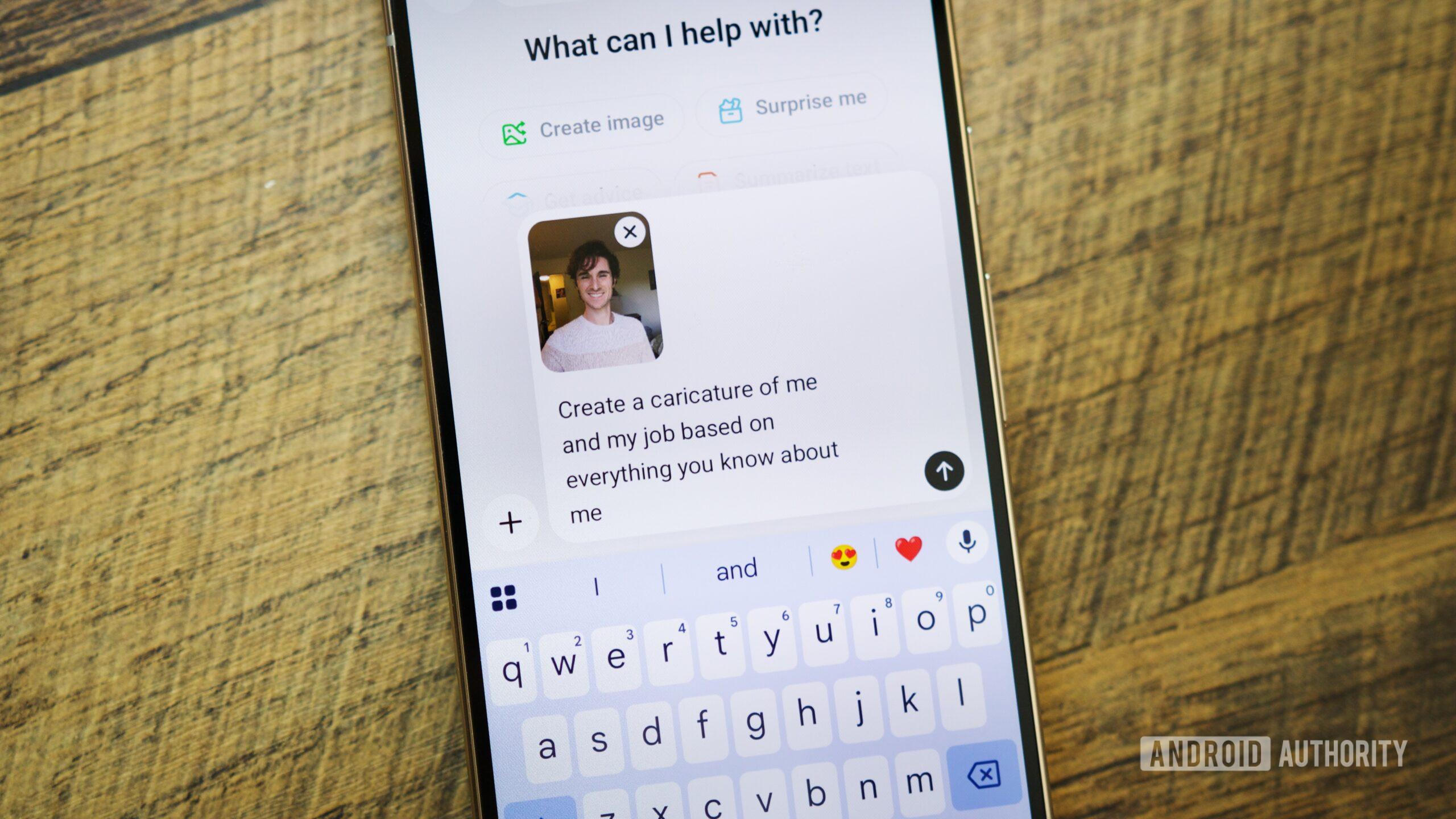Foto de um telefone Android usando ChatGPT para criar uma caricatura gerada por IA.