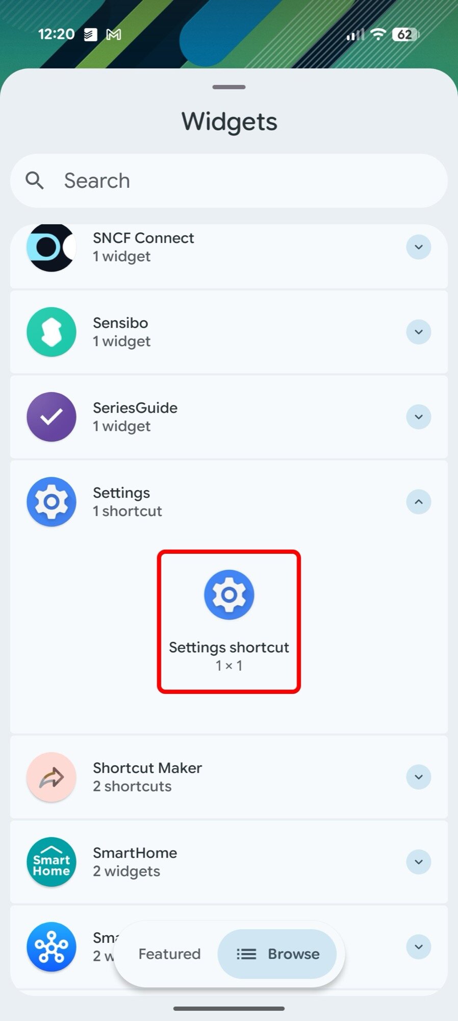 captura de tela adicionando atalho de configurações do widget da tela inicial