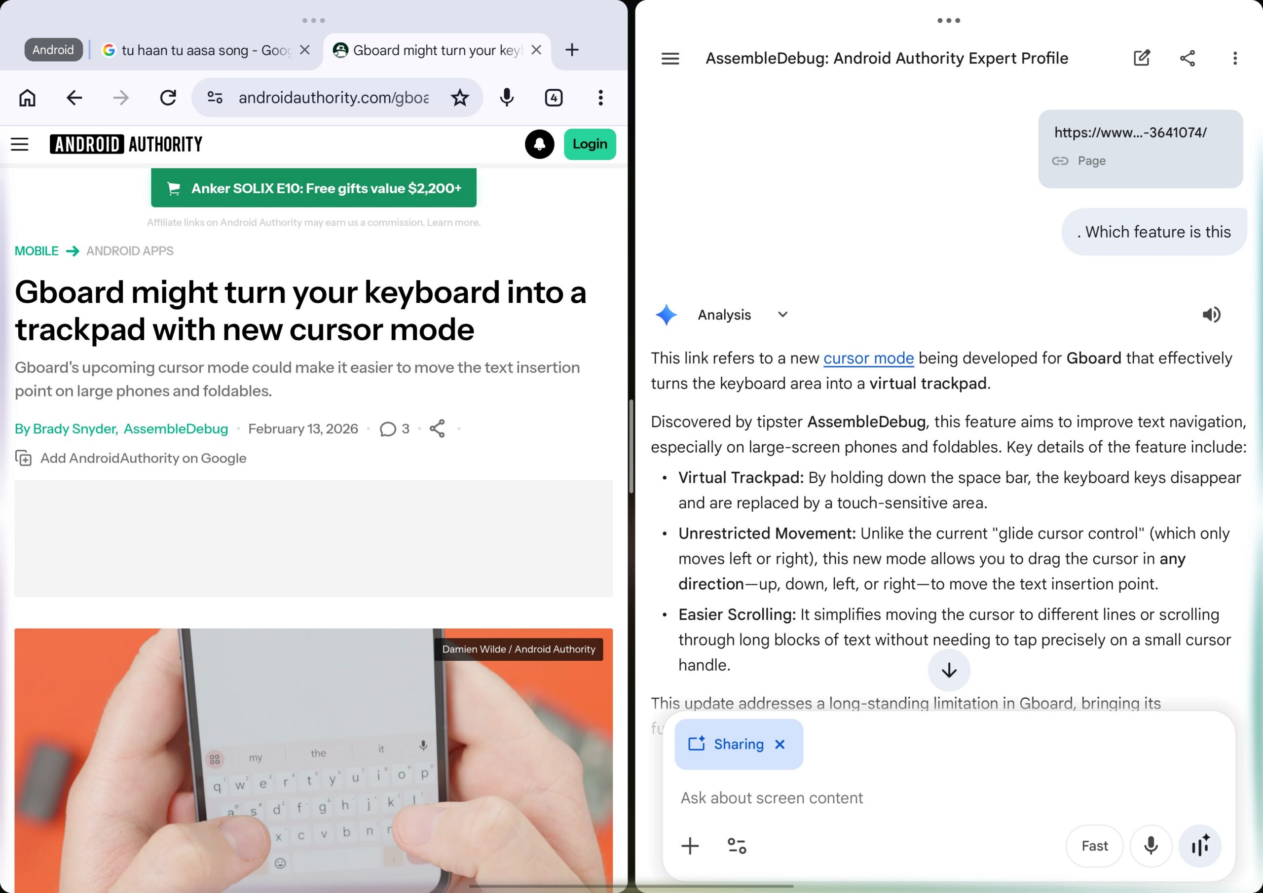 Modo de tela dividida Gemini com botão de compartilhamento