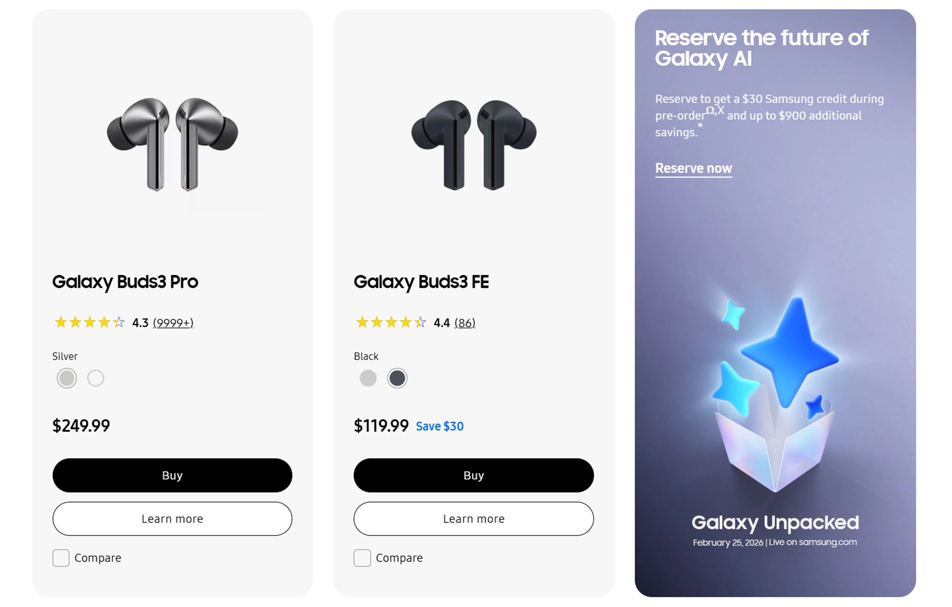 Galaxy Buds 3 desaparecidos na loja online da Samsung