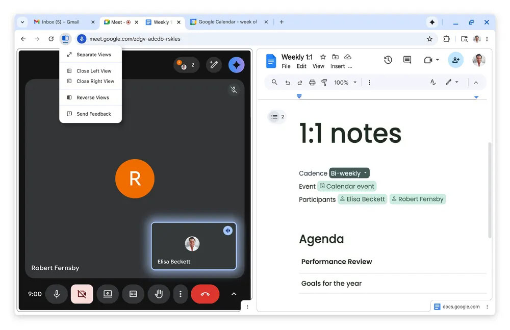 Visualização dividida da produtividade do Chrome