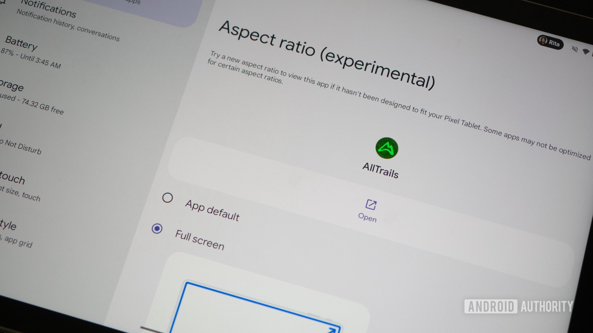 configuração do tablet google pixel proporção tela cheia