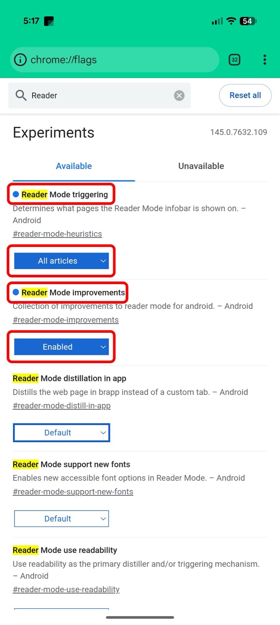 flags 2 do modo de leitura da captura de tela do Android do Chrome