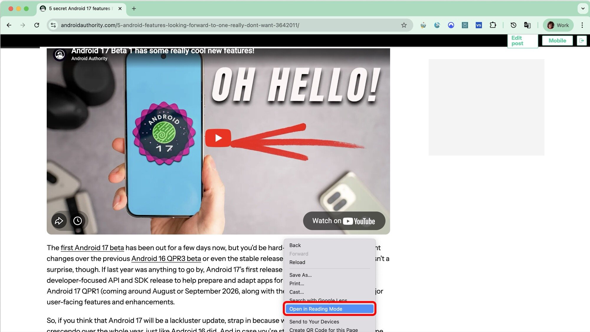 Captura de tela do Chrome na área de trabalho, clique com o botão direito no modo de leitura