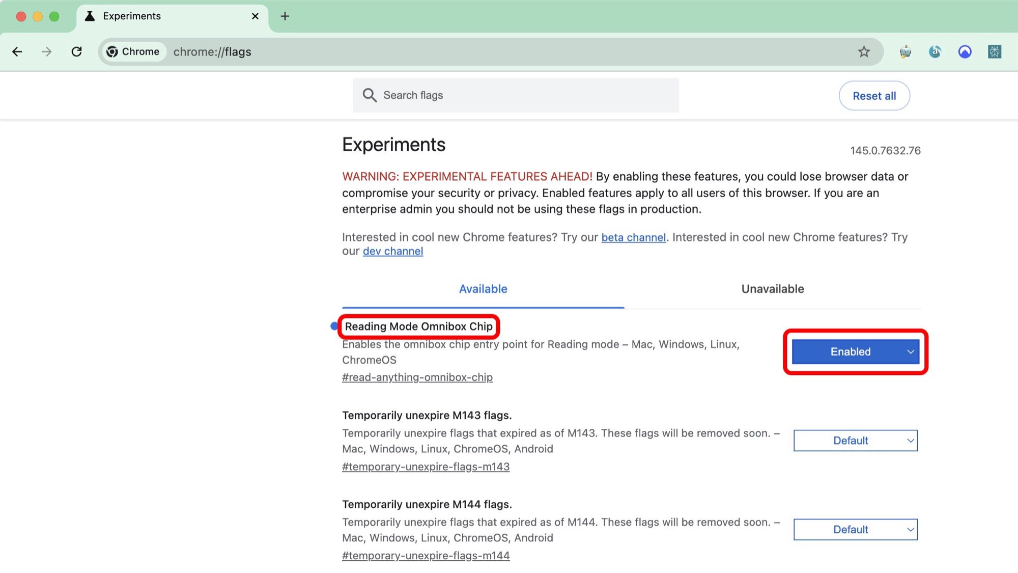 Sinalizadores de captura de tela do Chrome no desktop para omnibox do modo de leitura