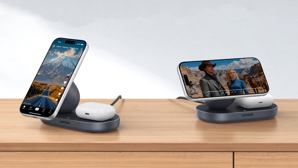 Carregador sem fio UGREEN Qi2 15W 2 em 1 em várias orientações Carregador sem fio UGREEN Qi2 15W 2 em 1 em várias orientações