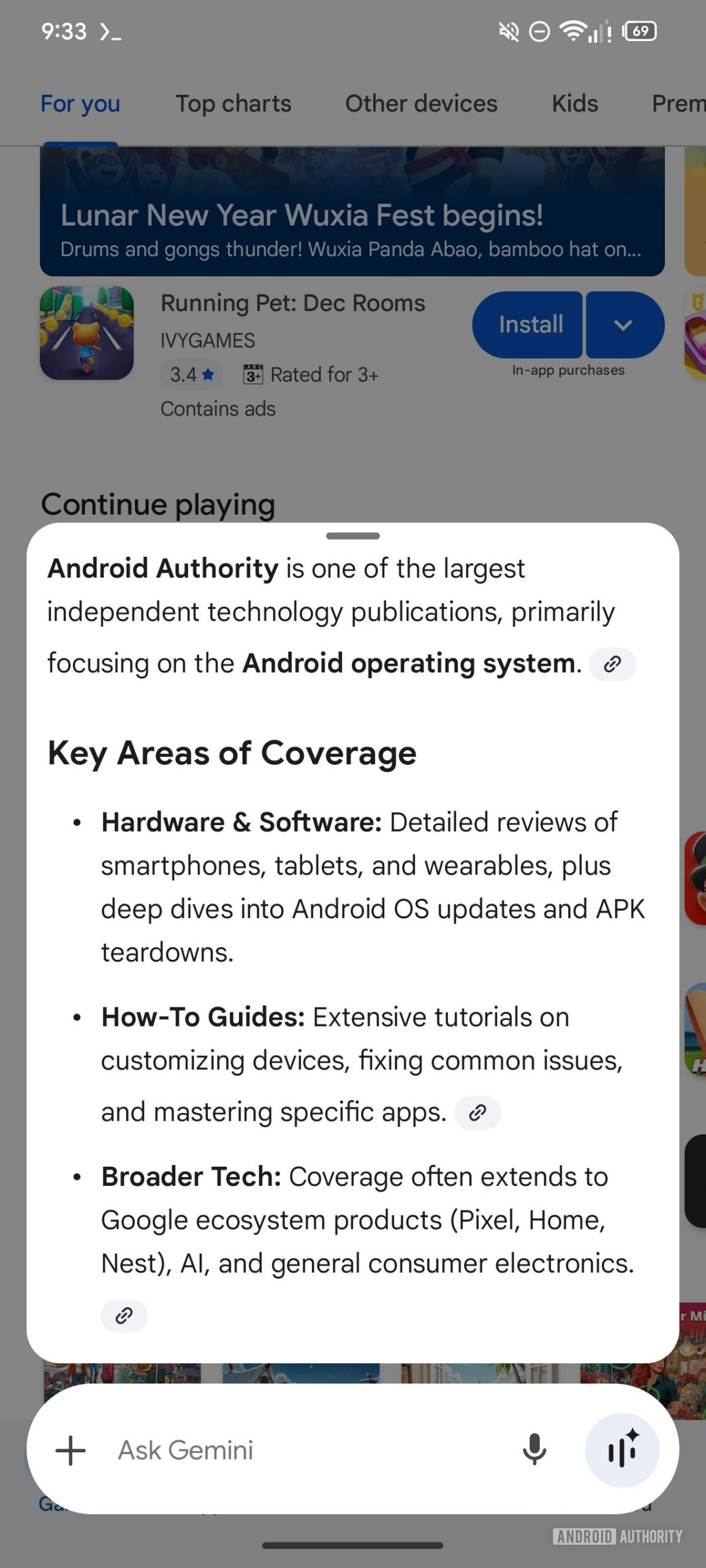 Sobreposição flutuante mais recente do Gemini Android