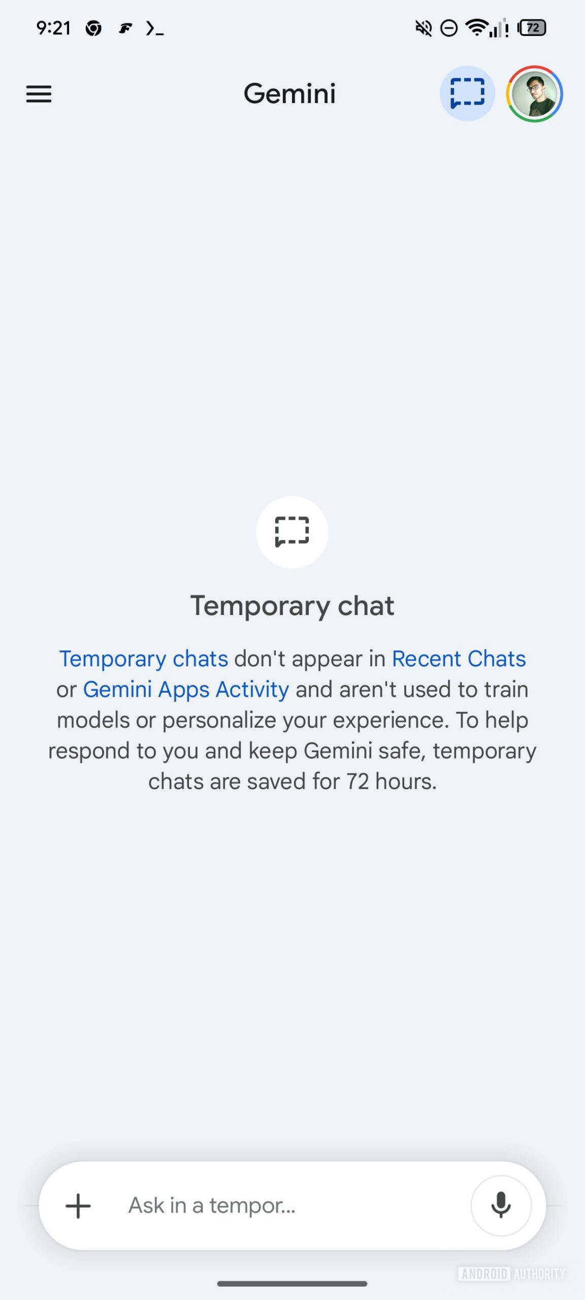 Próxima tela do bate-papo temporário Gemini