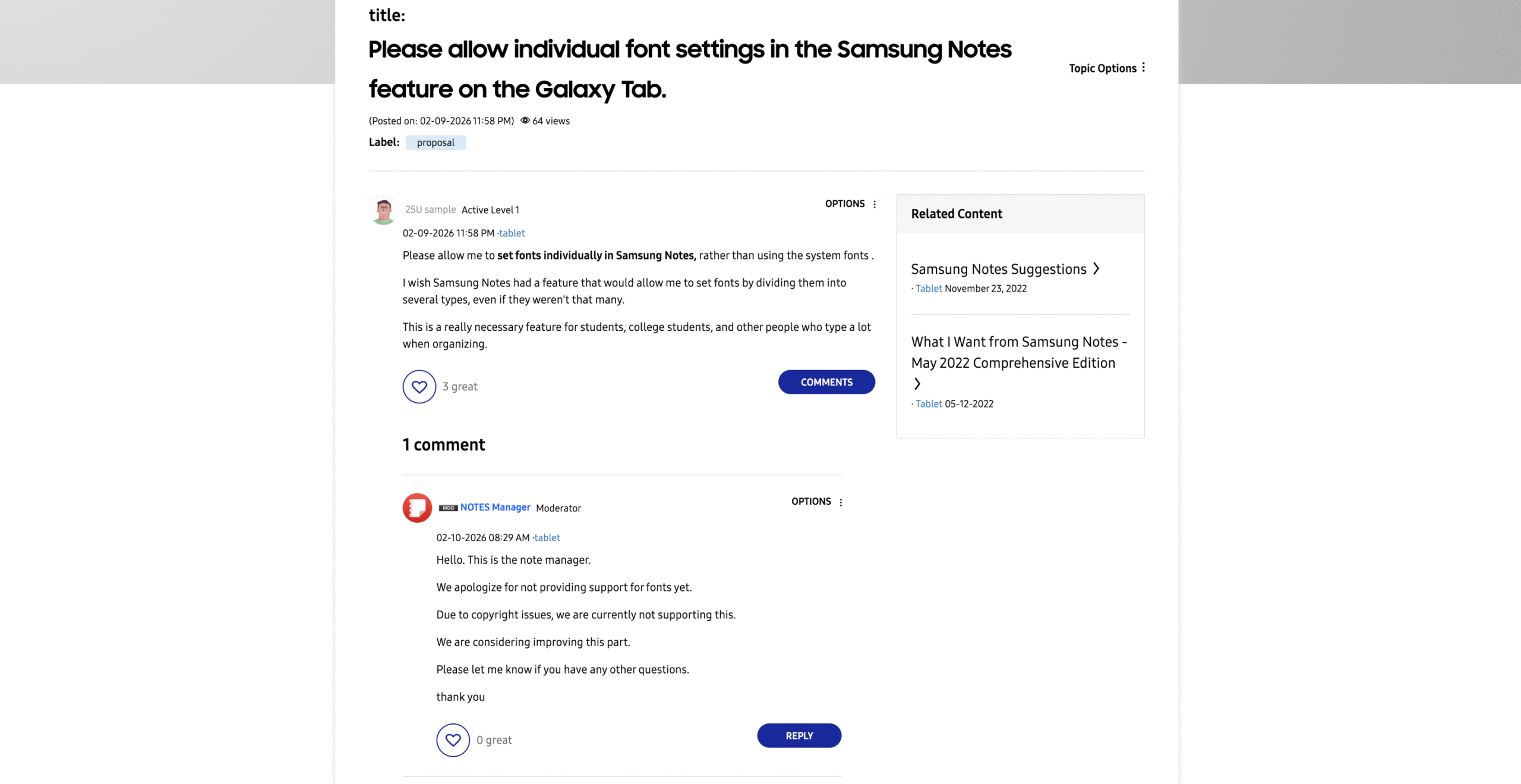 Uma troca do Samsung Community Forum onde um gerente do Notes confirmou que a empresa está considerando expandir as opções de fontes.