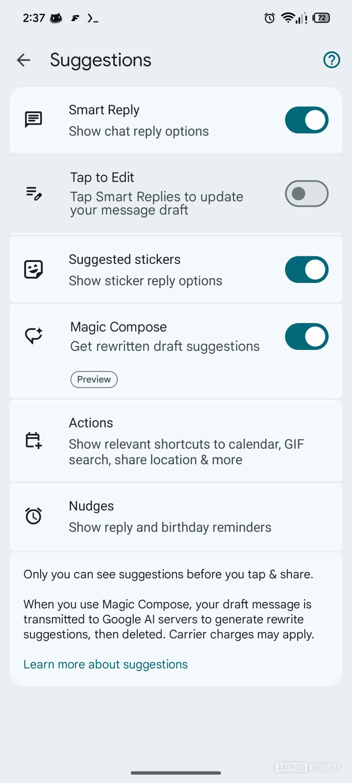 Respostas inteligentes do Mensagens do Google, toque para editar