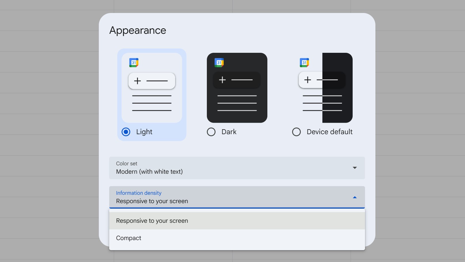 densidade do Google Agenda