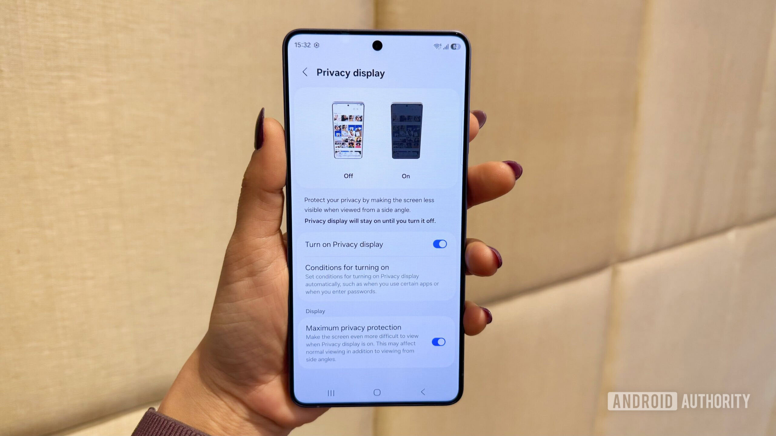 Configurações de exibição de privacidade do Samsung Galaxy S26 Ultra