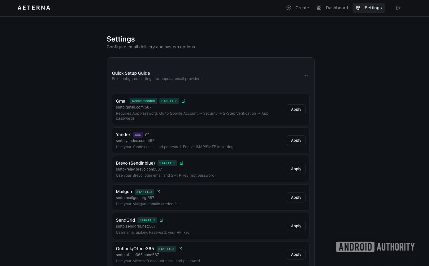 Configurações de Aeterna Configurações de Aeterna